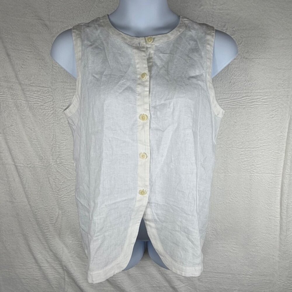 Eileen Fisher top Size Medium organic linen white sleeveless button up tie back